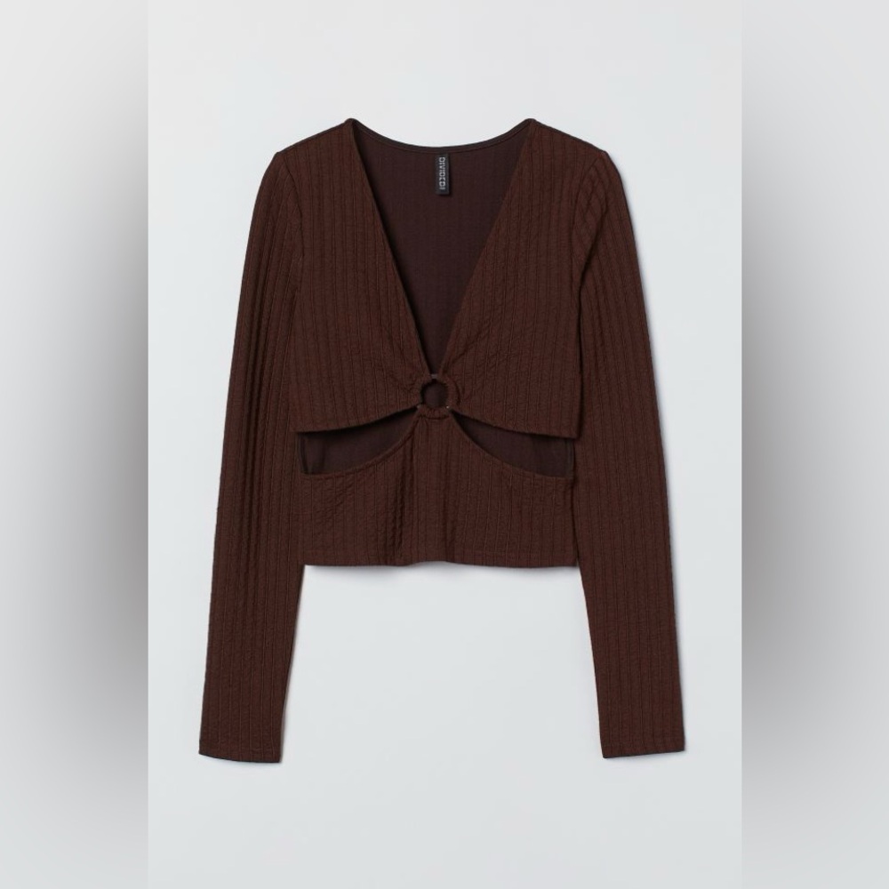 H&M Divided Ribbed Cut-out O-Ring V-Neck Top Brown
Size Medium